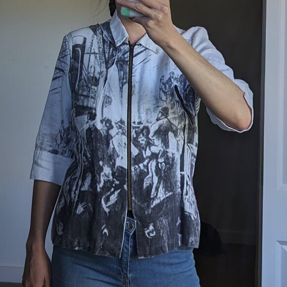 Beautiful linen white jacket with a grey print and a zipper - Picture 1 of 10